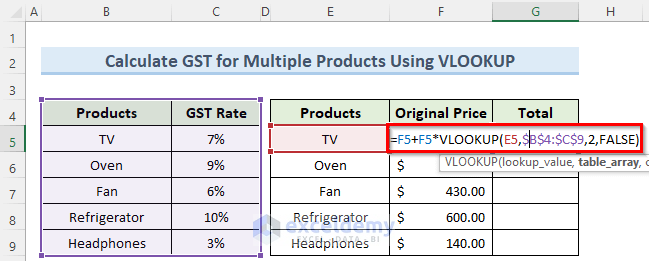 Entering the VLOOKUP function Referencing GST to Find Total Amount