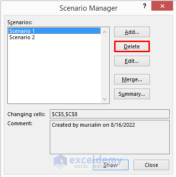 Apply Keyboard Shortcut to Delete Excel Scenario Manager