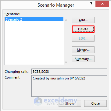 Apply Keyboard Shortcut to Delete Excel Scenario Manager