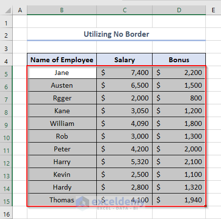 how to remove specific gridlines in excel, using No Border