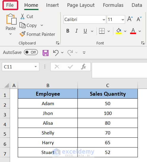 selecting file tab to rename column in excel