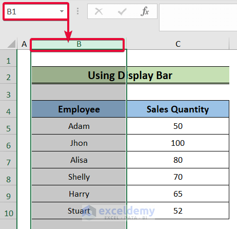selecting display bar to rename column in excel