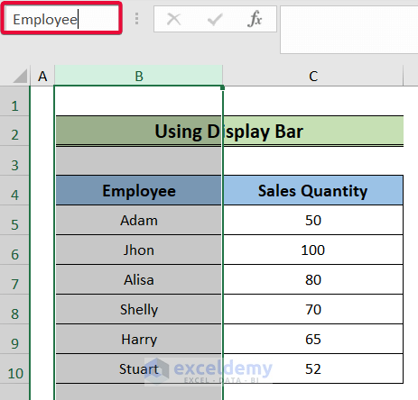 setting new name in the display bar to rename column in excel