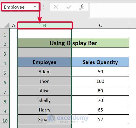 using display bar to rename column in excel
