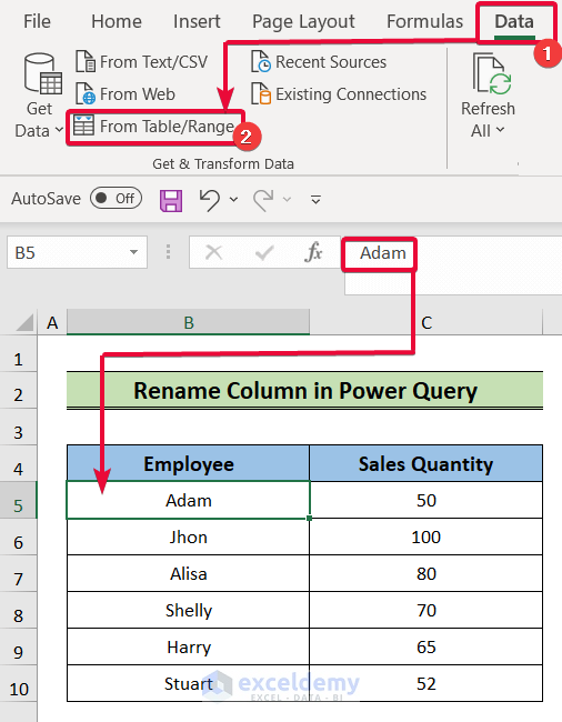 turning data range into table to rename column in excel