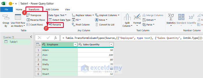 selecting rename command in power query editor to rename column in excel