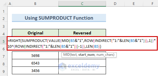 entering the SUMPRODUCT formula to reverse a number in excel