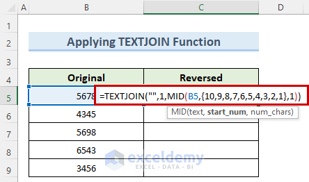 entering the TEXTJOIN formula to reverse a number in excel