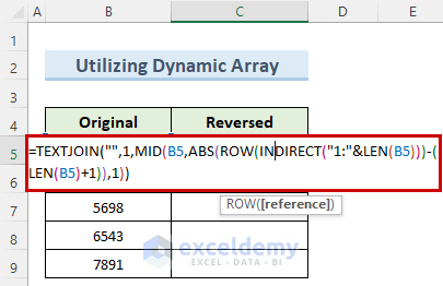 entering dynamic array formula to reverse a number in excel
