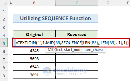 entering the SEQUENCE function to reverse a number in excel