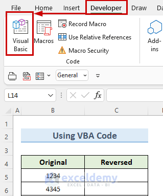opening the VBA window to reverse a number in excel