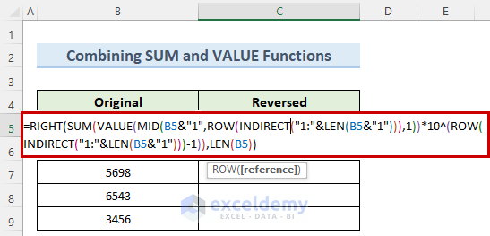 entering SUM and VALUE formula to reverse a number in excel
