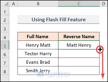 Using Flash Fill Feature to Reverse Names in Excel