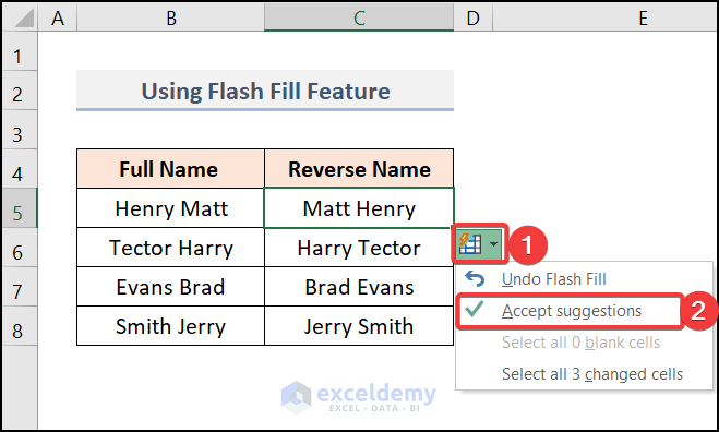 Using Flash Fill Feature to Reverse Names in Excel