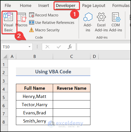 Using VBA code to reverse names in excel