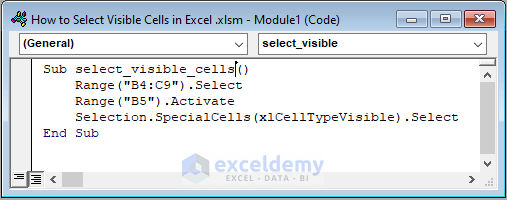 inserting VBA code to select visible cells in excel