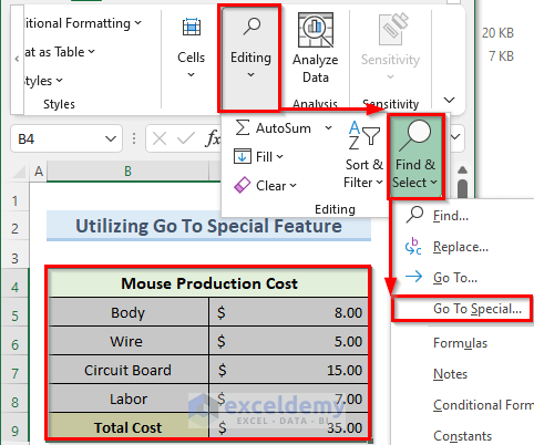 Go To Special to select visible cells in excel