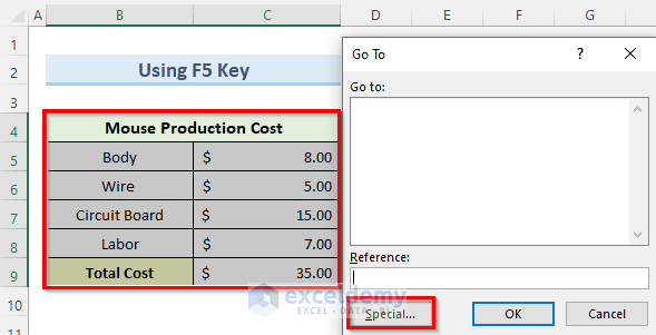 Using F5 key to select visible cells in excel