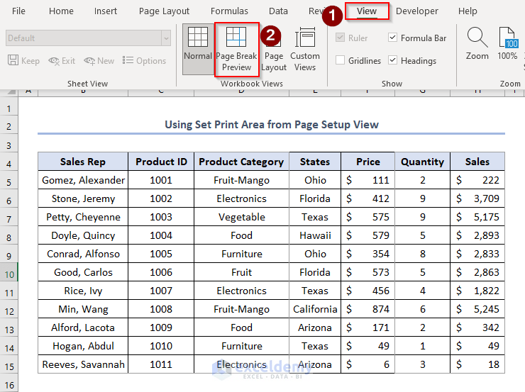 how to set print area in excel for multiple pages, using Set Print Area