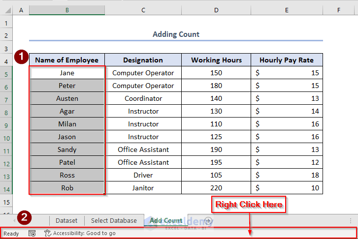 how to show count in excel status bar, adding count