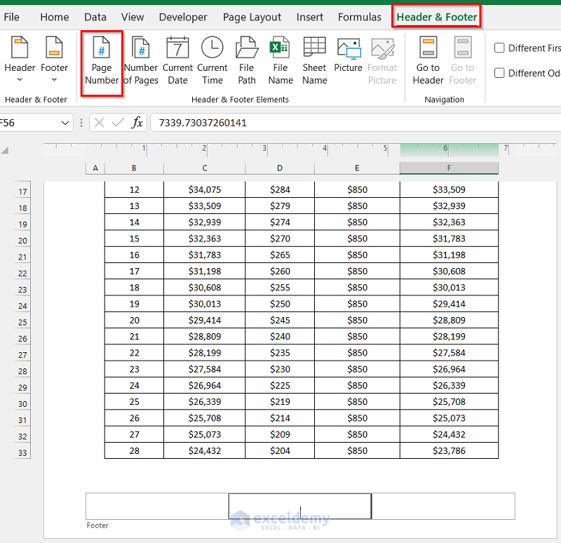 Selecting page number option to show page number in Excel background