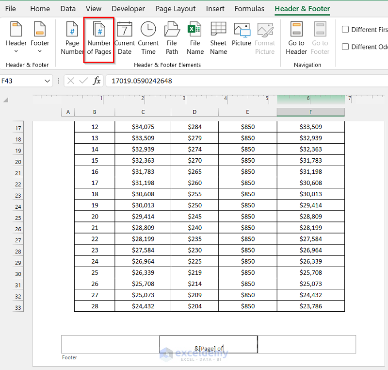 Selecting the Number of Pages option to show page number in Excel background