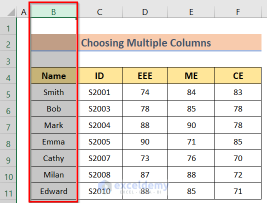 Choosing a Certain Column to Skip a Column When Selecting in Excel