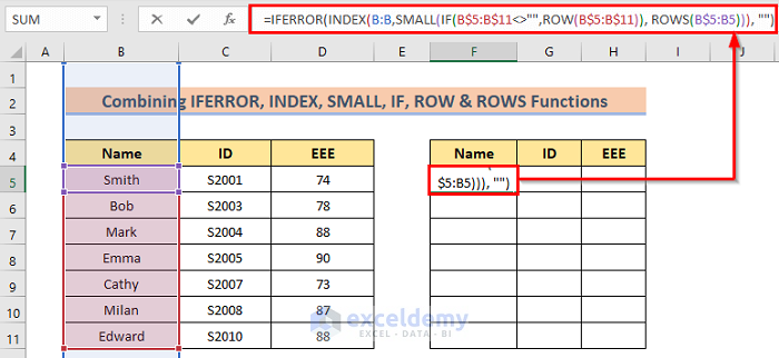 Inserting combinition of IFERROR, INDEX, SMALL, IF, ROW & ROWS Functions to Skip Cells in Excel Formula