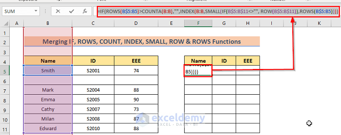 Using Merge of IF, ROWS, COUNT, INDEX, SMALL, ROW & ROWS Functions to Skip Cells in Excel Formula