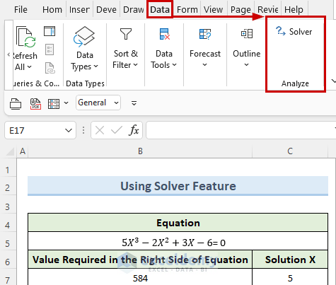 opening the solver tool to solve polynomial equation in excel