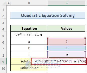 entering the formula to solve quadratic polynomial equation