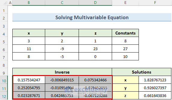 entering the MINVERSE formula to solve polynomial equation in excel