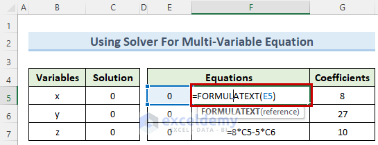 show the formula text to solve polynomial equation in excel