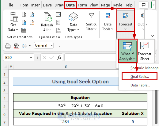 opening the goal seek tool to solve polynomial equation in excel