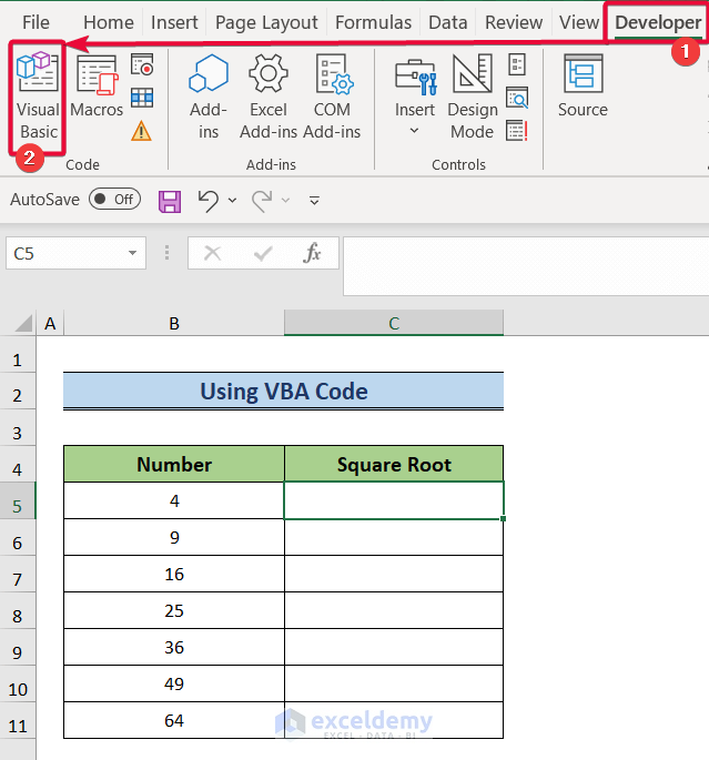 opening visual tab to square root in excel