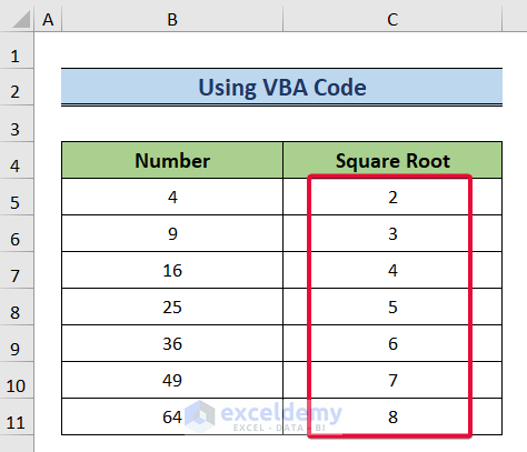 using vba code to square root in excel