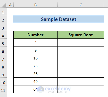 how to square root in excel