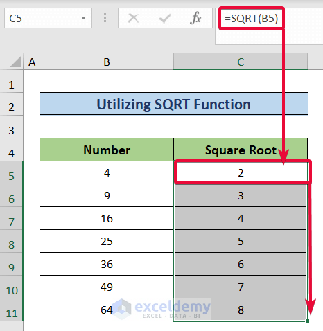 utilizing sqrt function to square root in excel