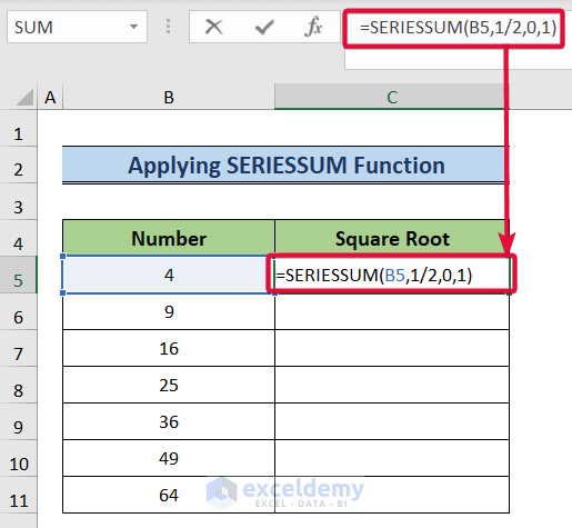 inserting seriessum function to square root in excel