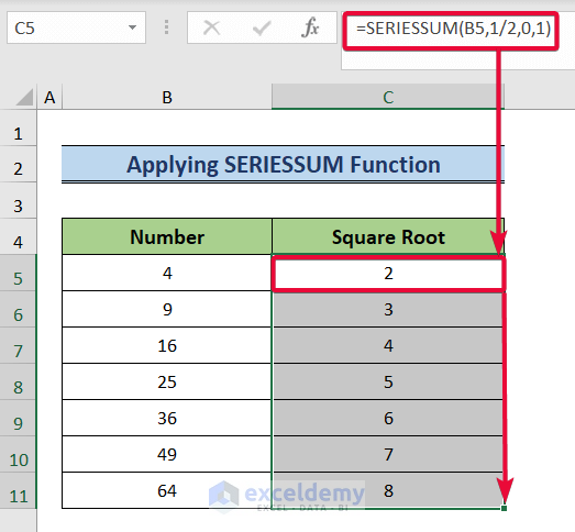 applying seriessum function to square root in excel