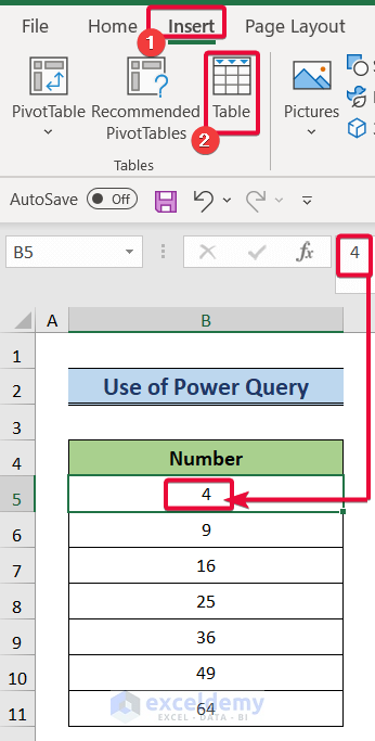 converting range data to table data to square root in excel