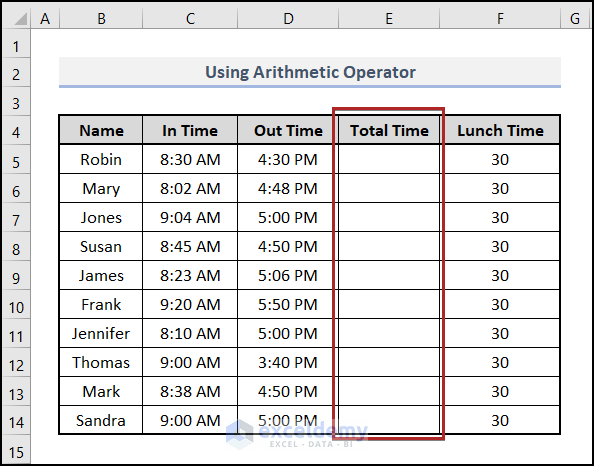 Using Arithmetic Operator to Subtract 30 Minutes from a Time in Excel