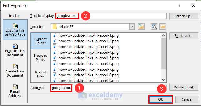 Update links using insert tab in excel