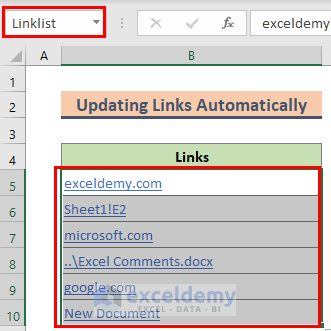 Selecting desired Cell Range to Update links in excel