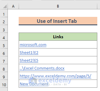 Use of Insert Tab to update links in excel