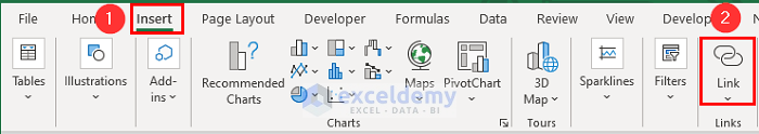Using Insert Tab to update links in excel