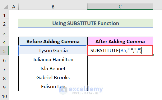 how to use comma in excel formula Using SUBSTITUTE Function