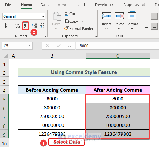 how to use comma in excel formula Applying Comma Style Feature 