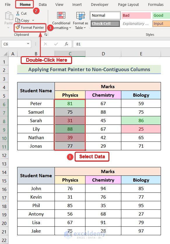 how to use format painter to copy formatting in excel Using Format Painter for Non-Contiguous Columns