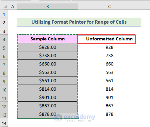 how to use format painter to copy formatting in excel Utilizing Format Painter for a Range of Cells